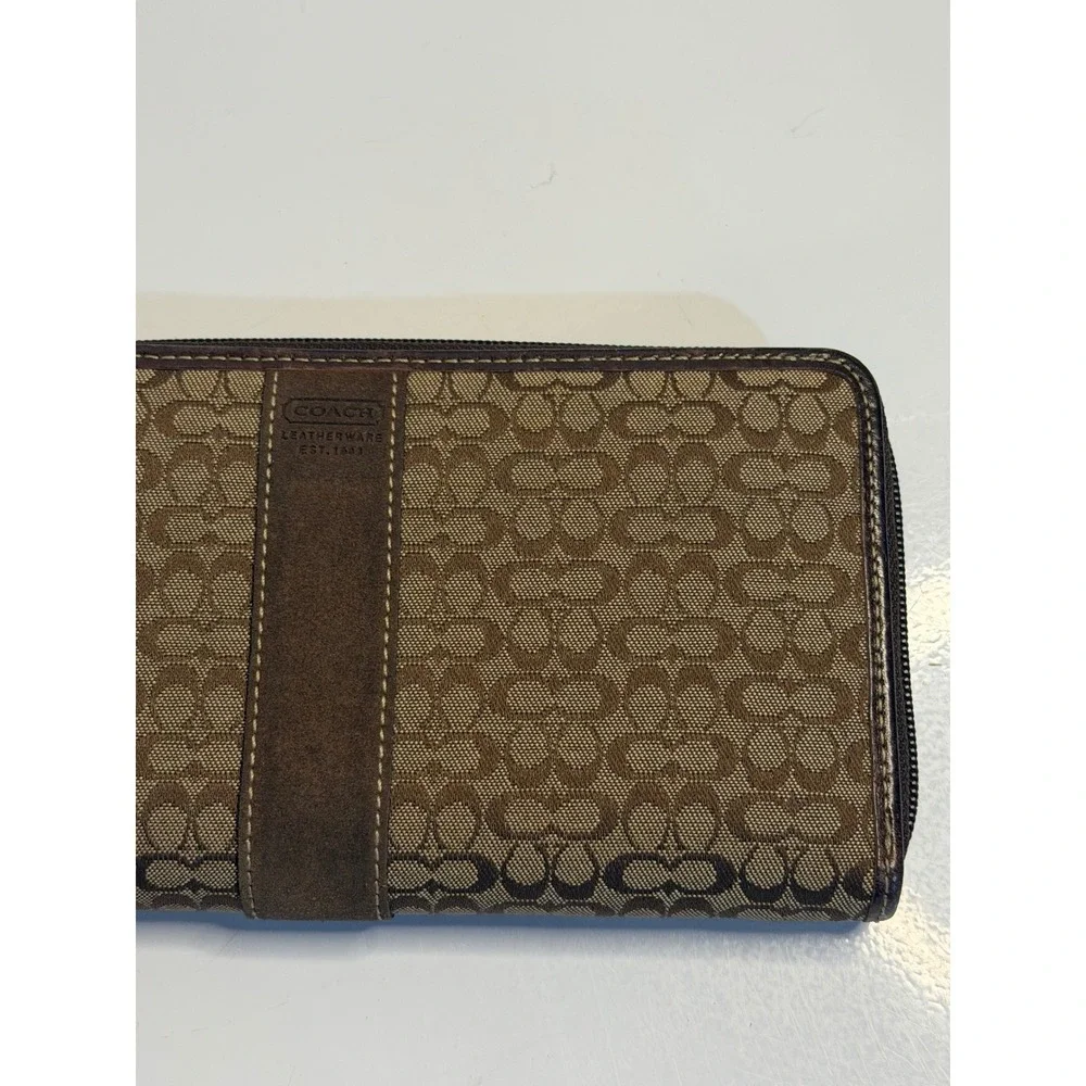 VTG Coach‎ Wallet Brown Signature Canvas Suede Trim Zip Around Accordion Clutch